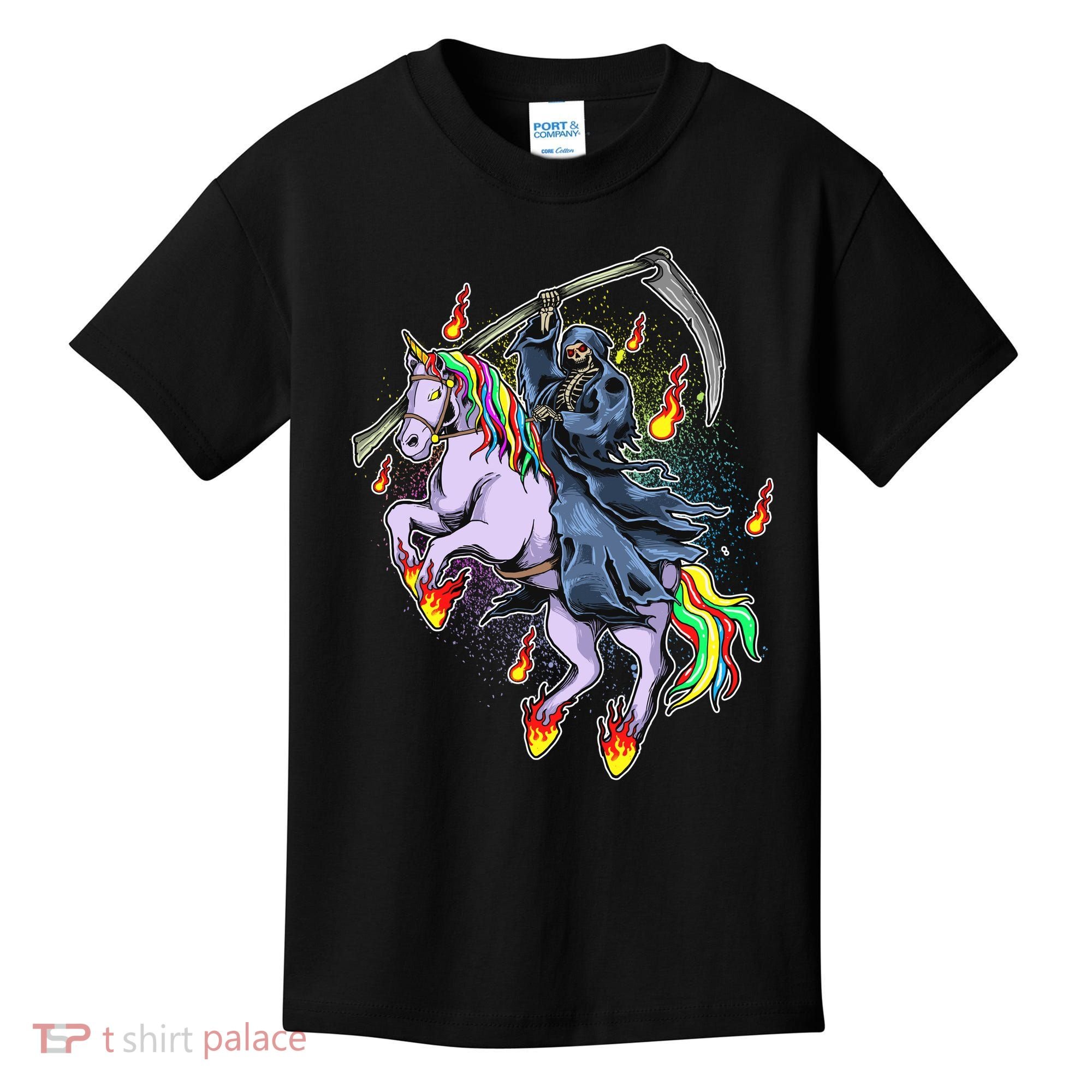 Grim Reaper Riding Rainbow Unicorn Kids T-Shirt