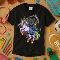 Grim Reaper Riding Rainbow Unicorn Kids T-Shirt thumb 3