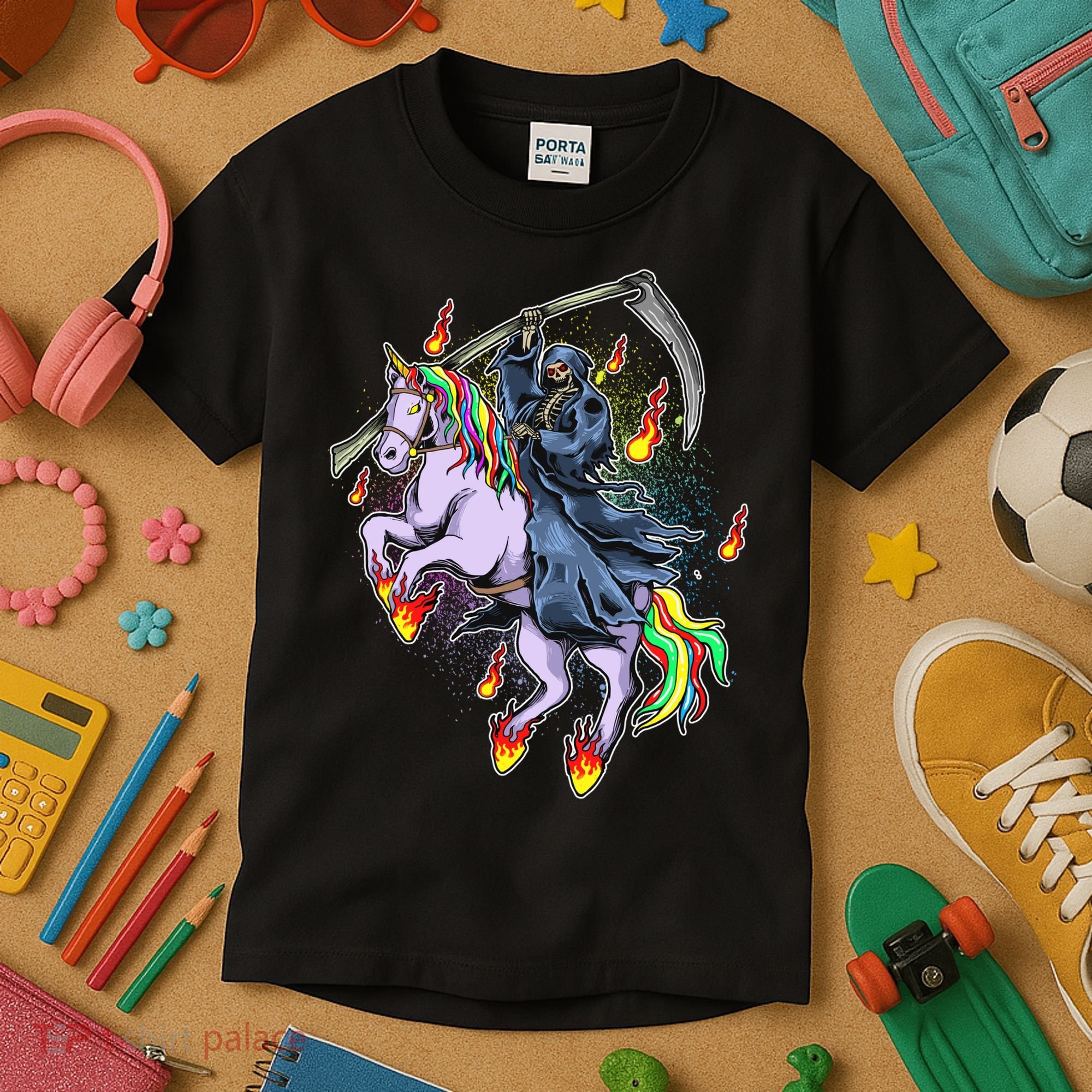 Grim Reaper Riding Rainbow Unicorn Kids T-Shirt
