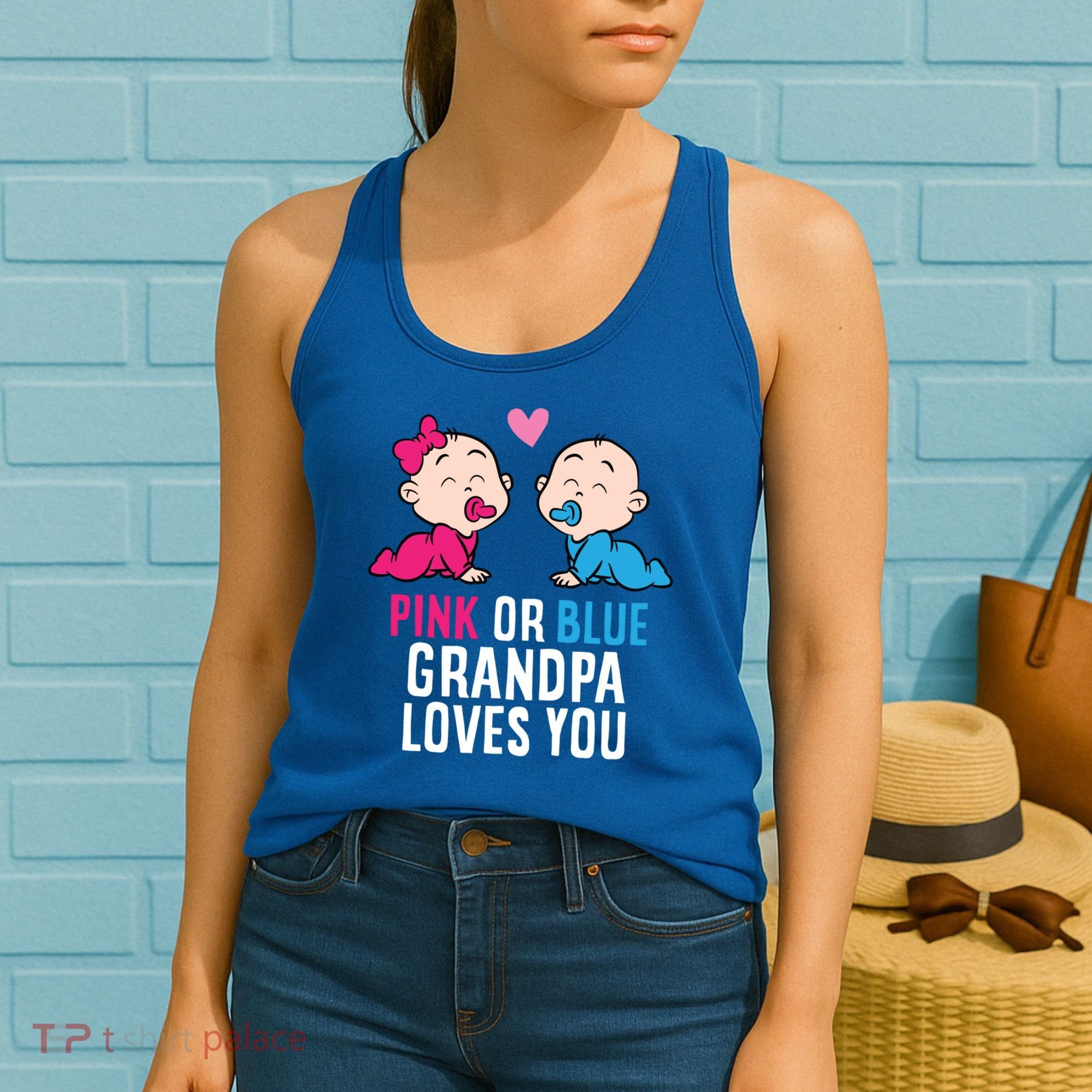 Gender Reveal Pregnancy Pink Or Blue Grandpa Loves You Gift Women's Tank Top