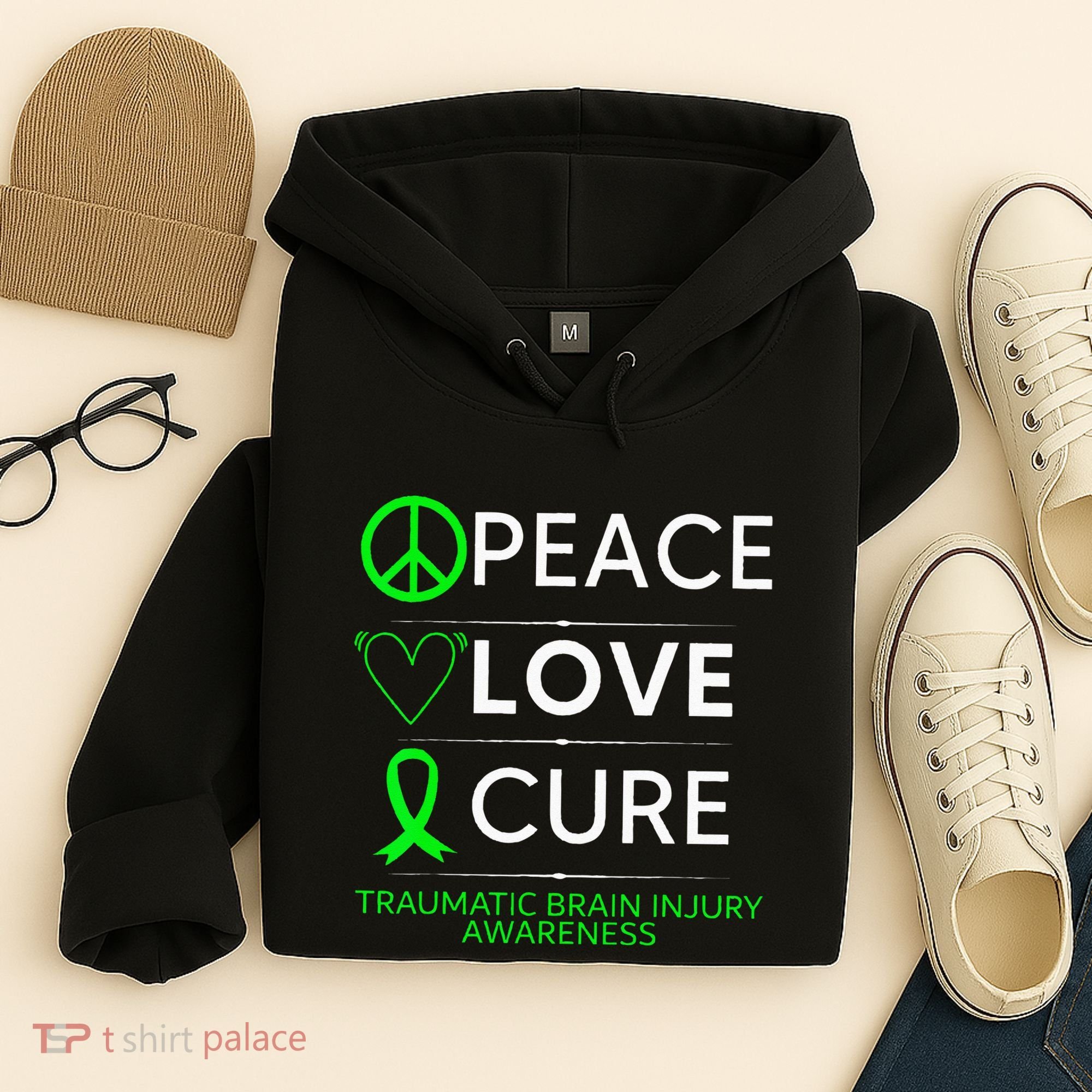 Green Ribbon Peace Cure Traumatic Brain Injury Awareness Hoodie