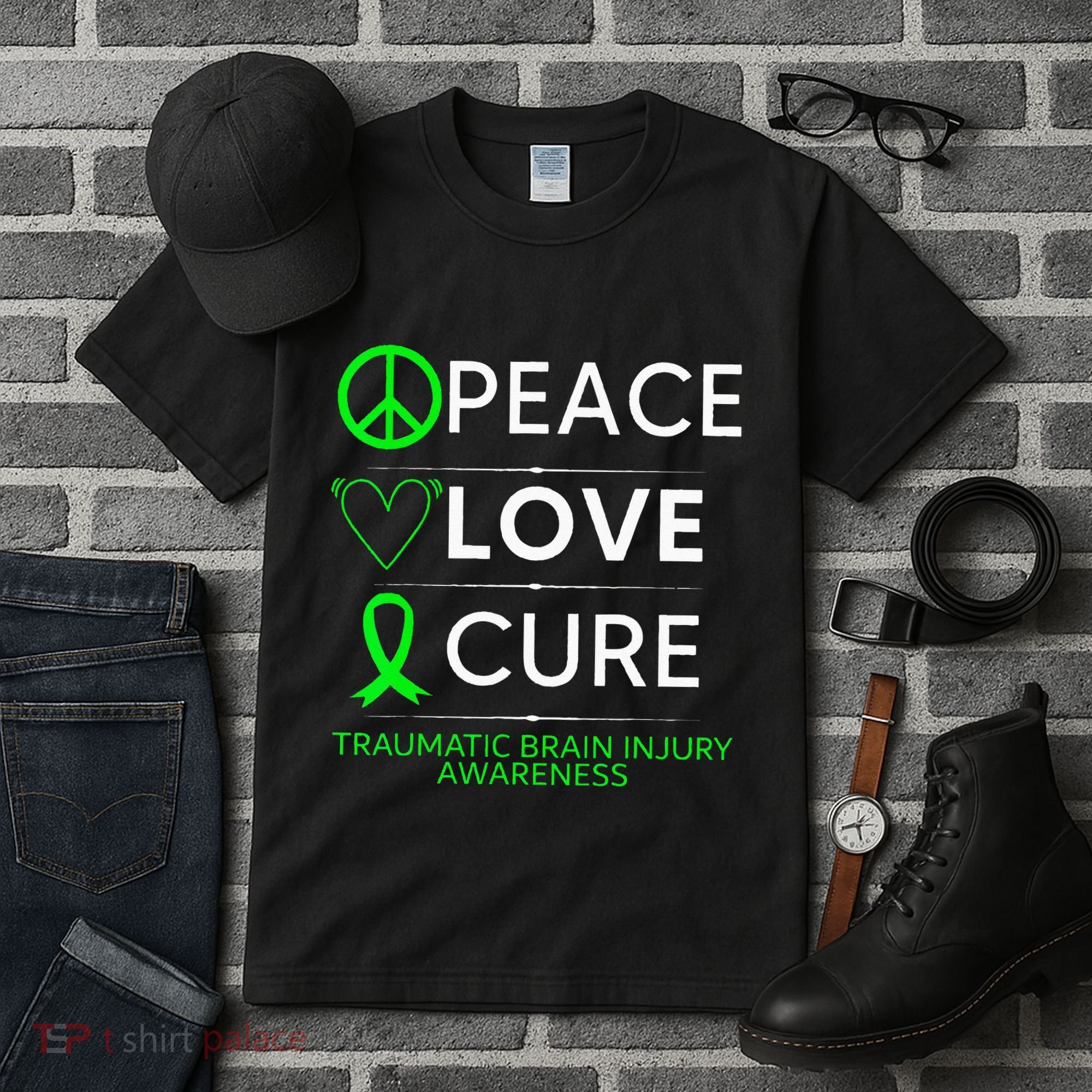 Green Ribbon Peace Cure Traumatic Brain Injury Awareness Tall T-Shirt