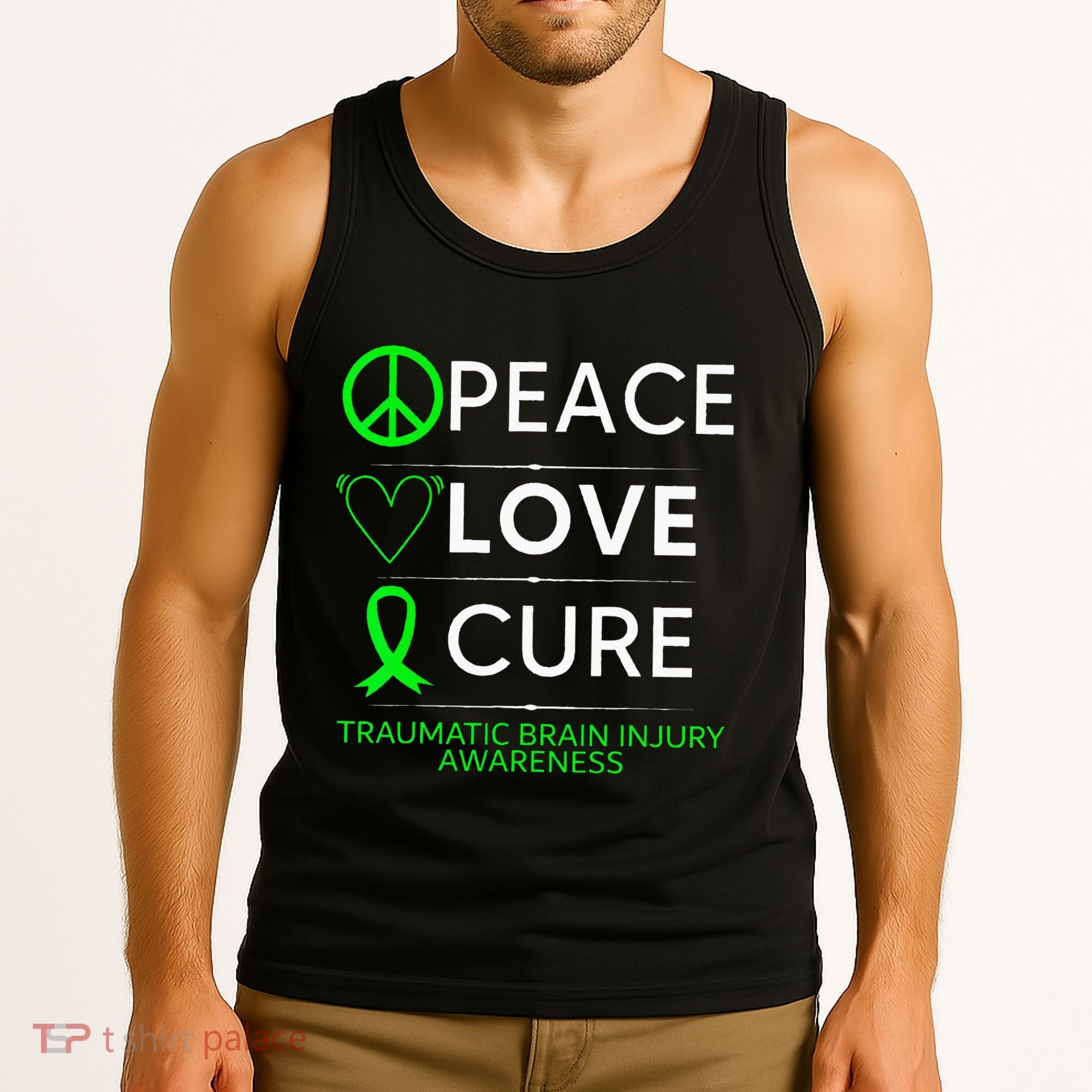 Green Ribbon Peace Cure Traumatic Brain Injury Awareness Tank Top