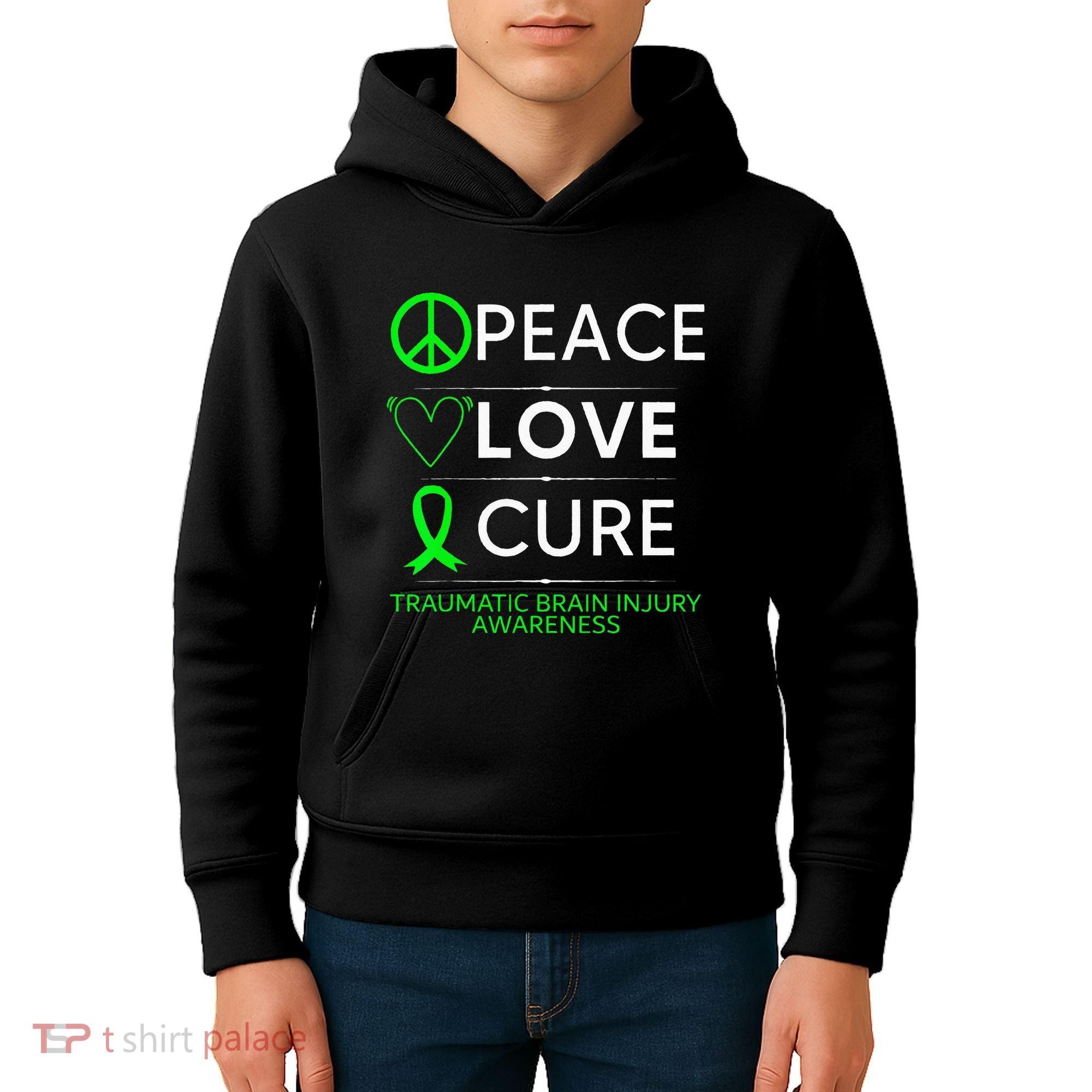 Green Ribbon Peace Cure Traumatic Brain Injury Awareness Kids Hoodie