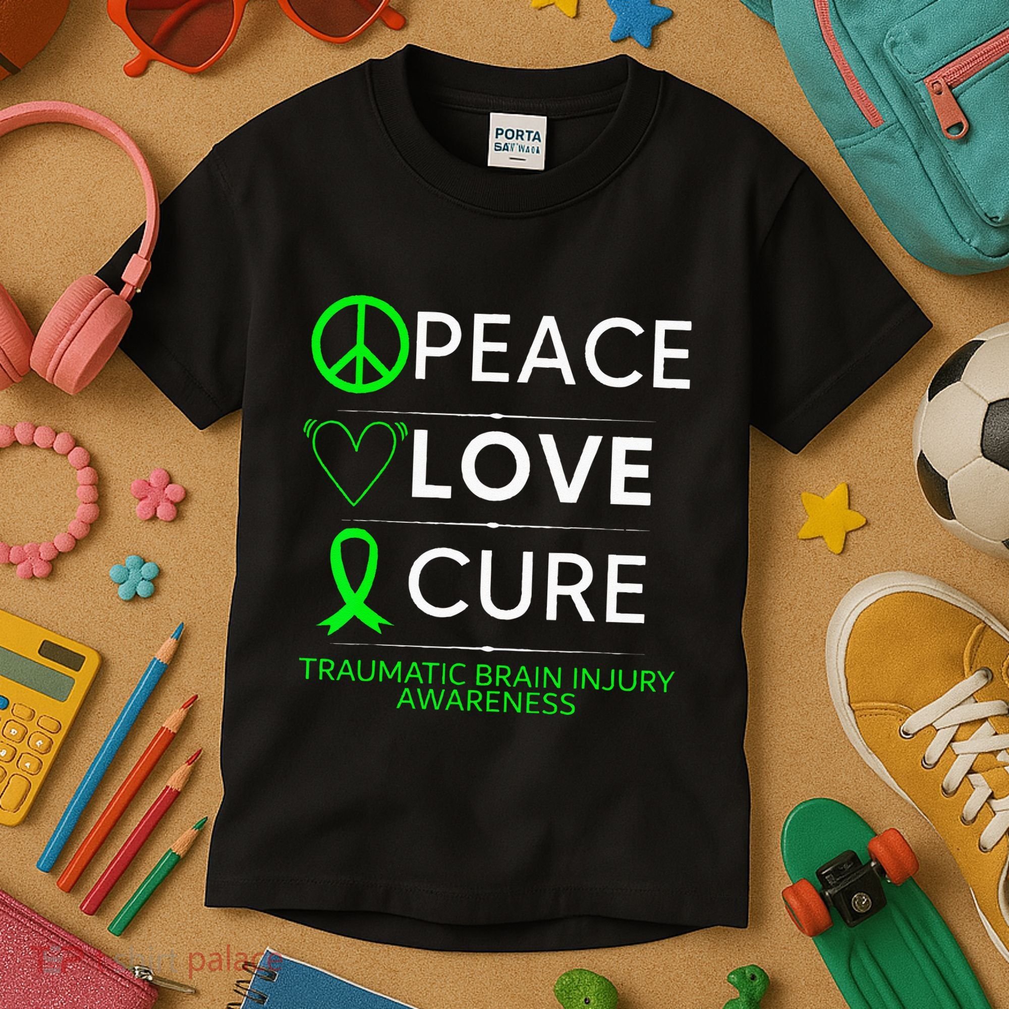 Green Ribbon Peace Cure Traumatic Brain Injury Awareness Kids T-Shirt