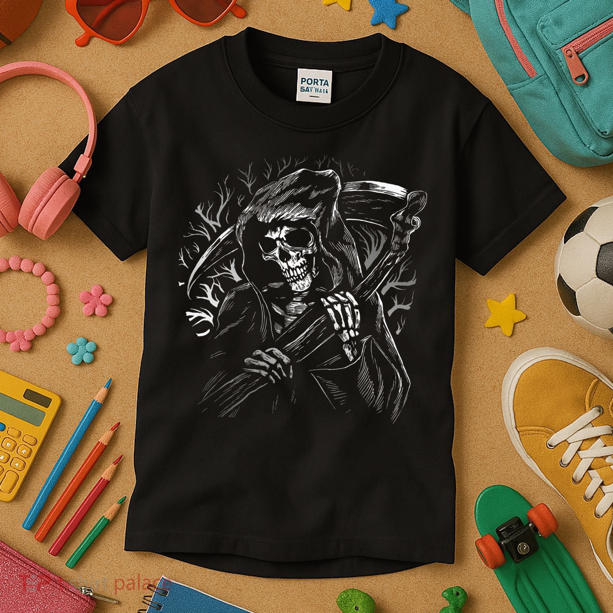 Grim Reaper Skull Death Scythe Dead Gothic Horror Kids T-Shirt