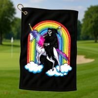 Grim Reaper Skull Riding An Unicorn Death Unicorn Halloween Gift Golf Towel thumb 1