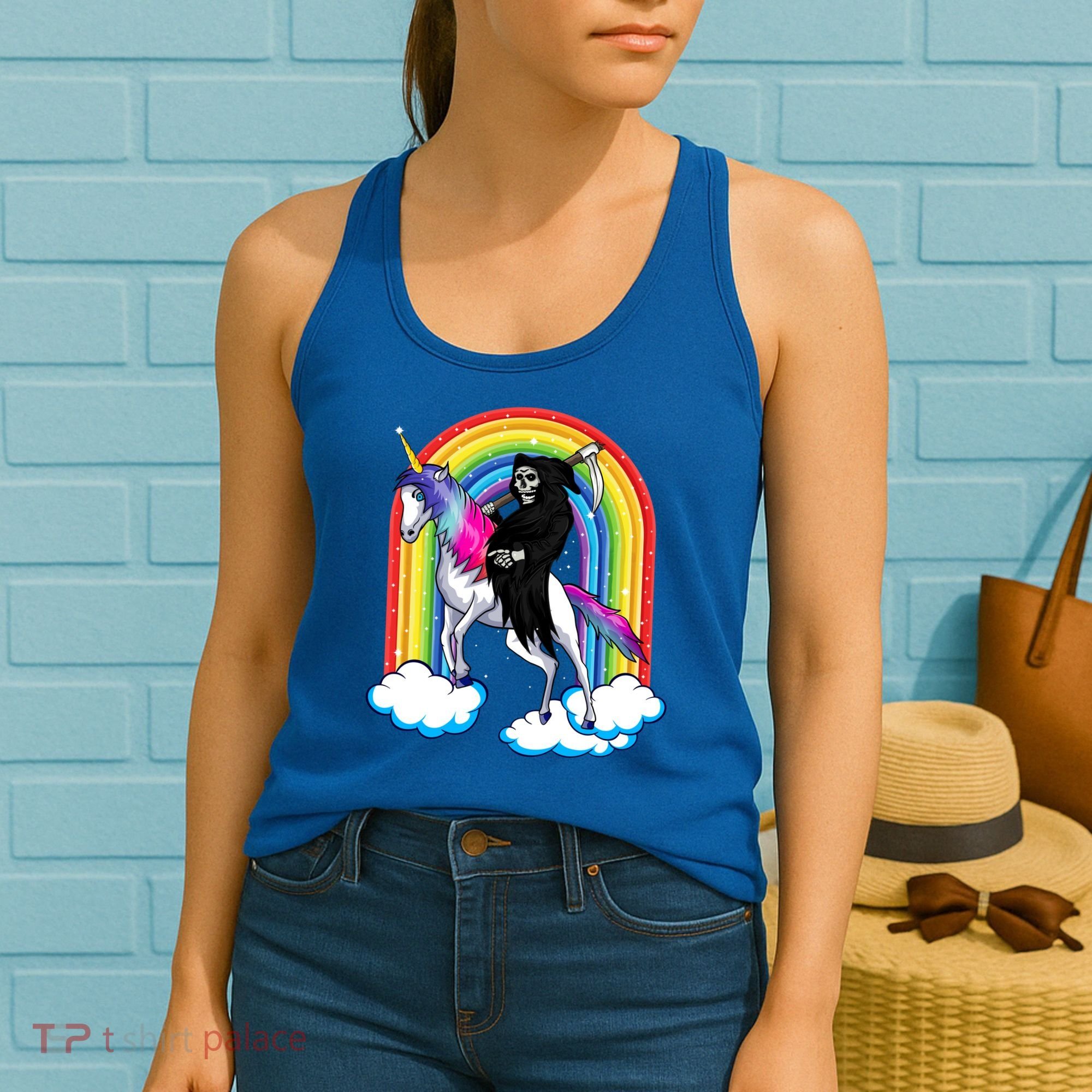 Grim Reaper Skull Riding An Unicorn Death Unicorn Halloween Gift Women's Tank Top