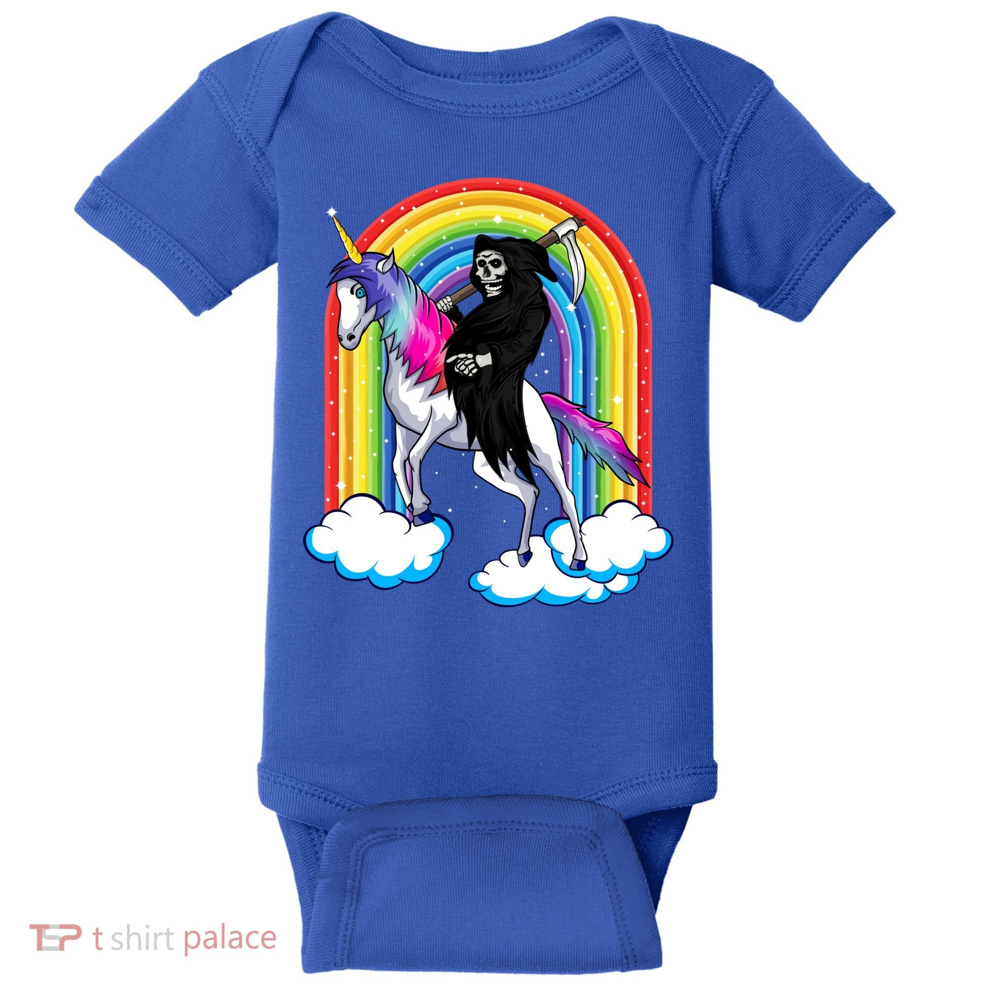 Grim Reaper Skull Riding An Unicorn Death Unicorn Halloween Gift Baby Bodysuit