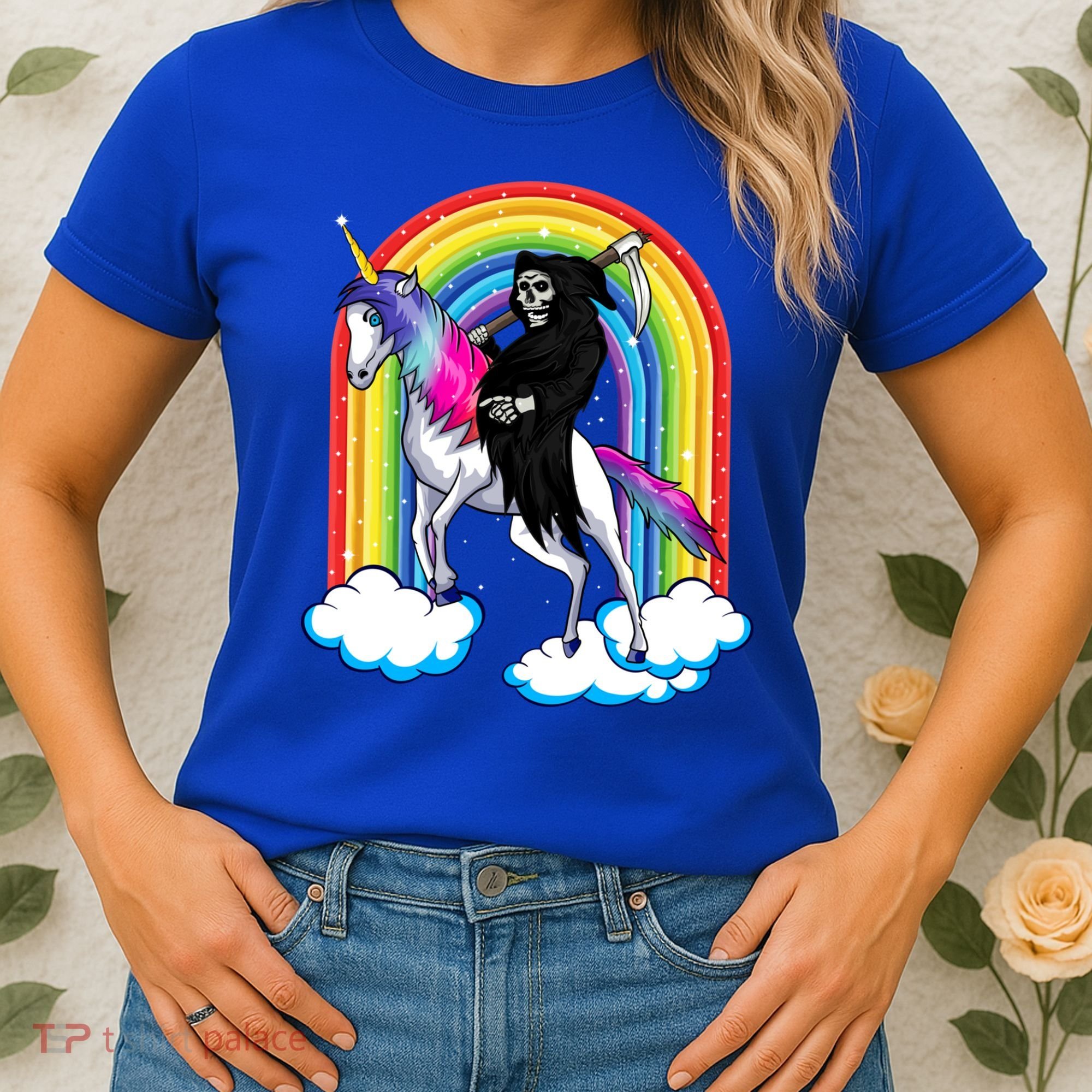 Grim Reaper Skull Riding An Unicorn Death Unicorn Halloween Gift Women's T-Shirt