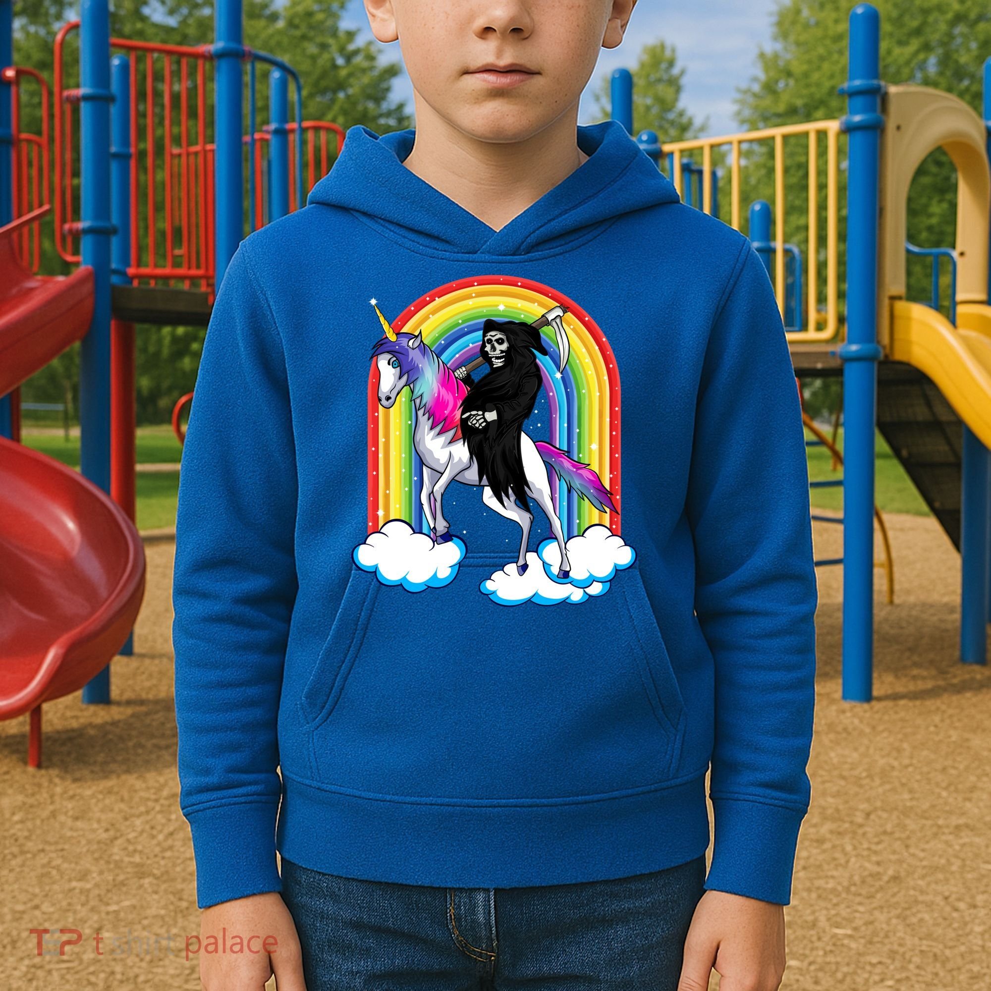 Grim Reaper Skull Riding An Unicorn Death Unicorn Halloween Gift Kids Hoodie