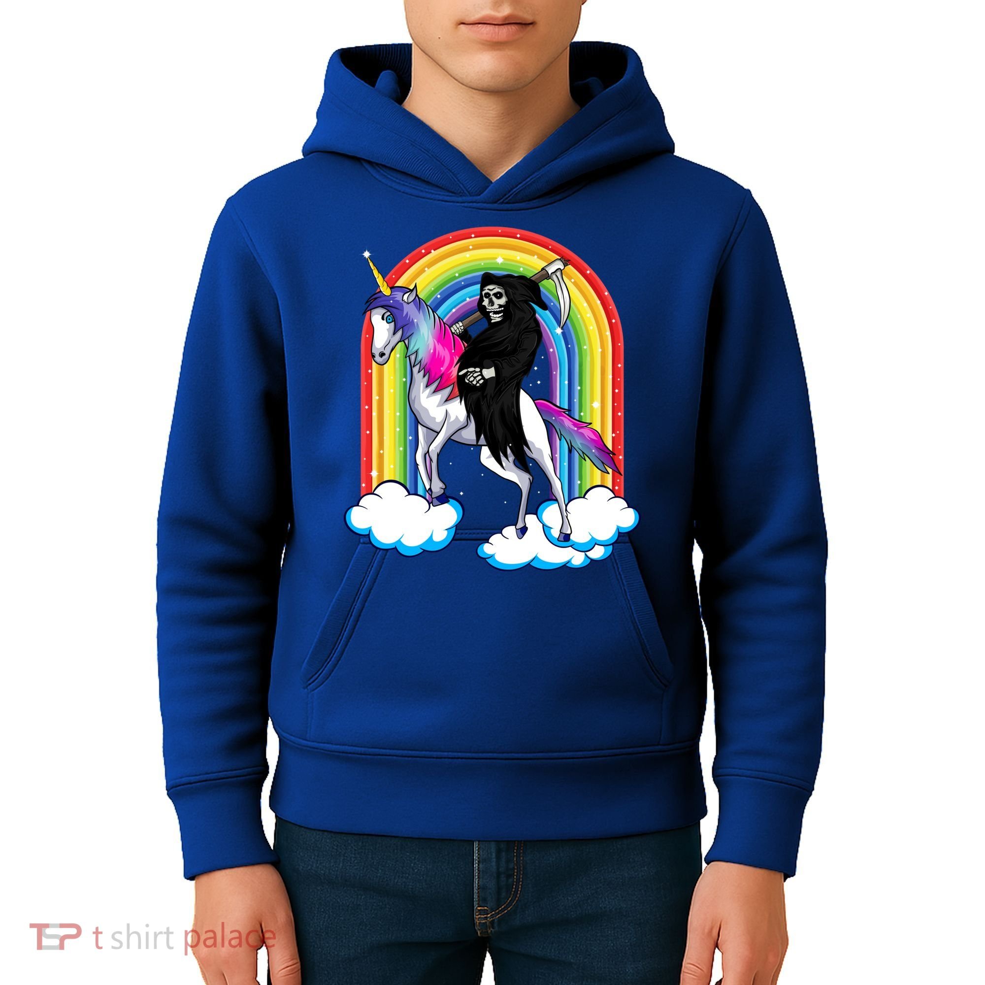 Grim Reaper Skull Riding An Unicorn Death Unicorn Halloween Gift Kids Hoodie