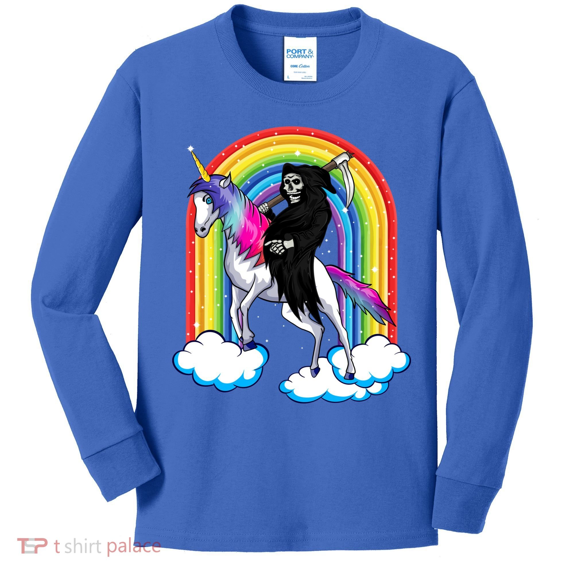Grim Reaper Skull Riding An Unicorn Death Unicorn Halloween Gift Kids Long Sleeve Shirt