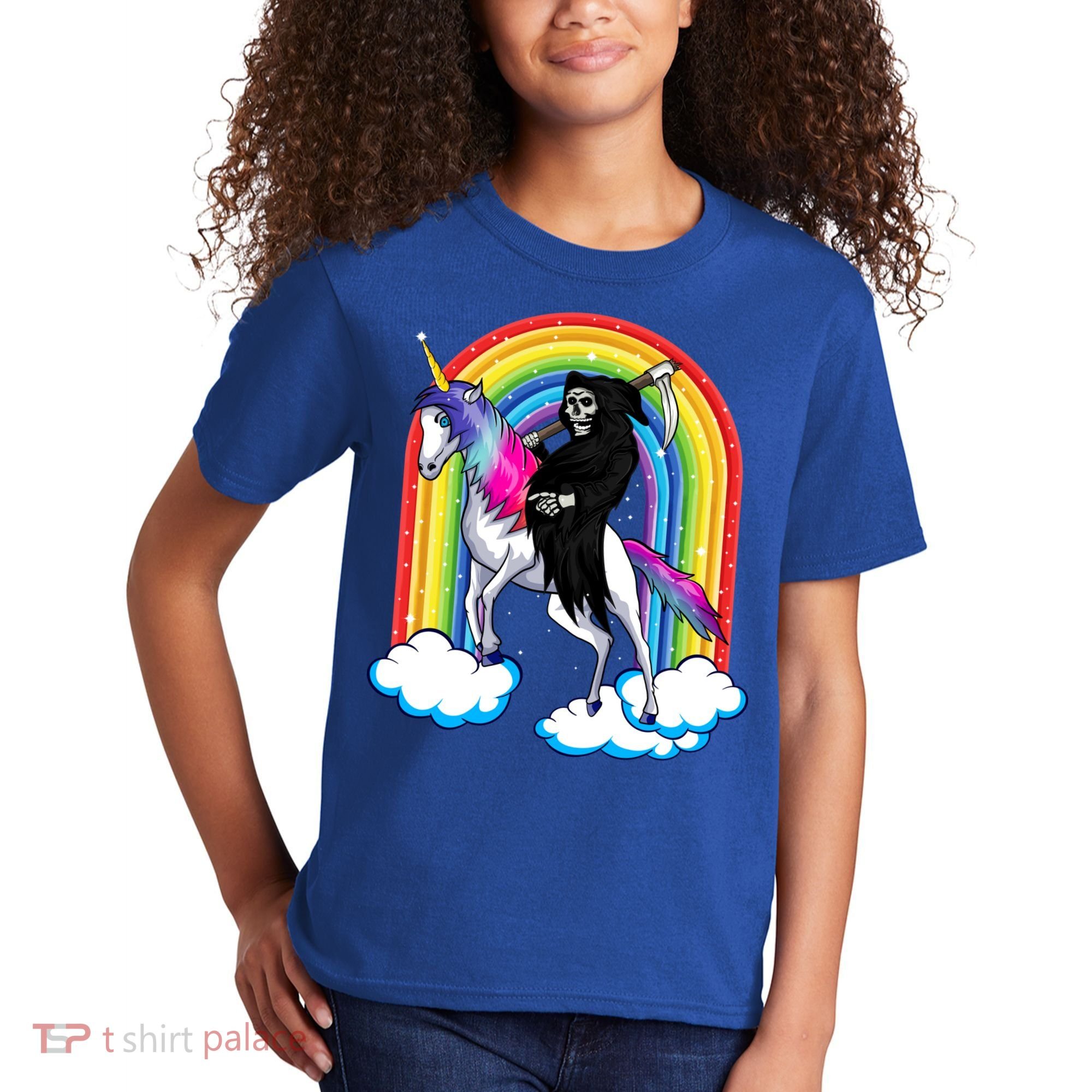 Grim Reaper Skull Riding An Unicorn Death Unicorn Halloween Gift Kids T-Shirt