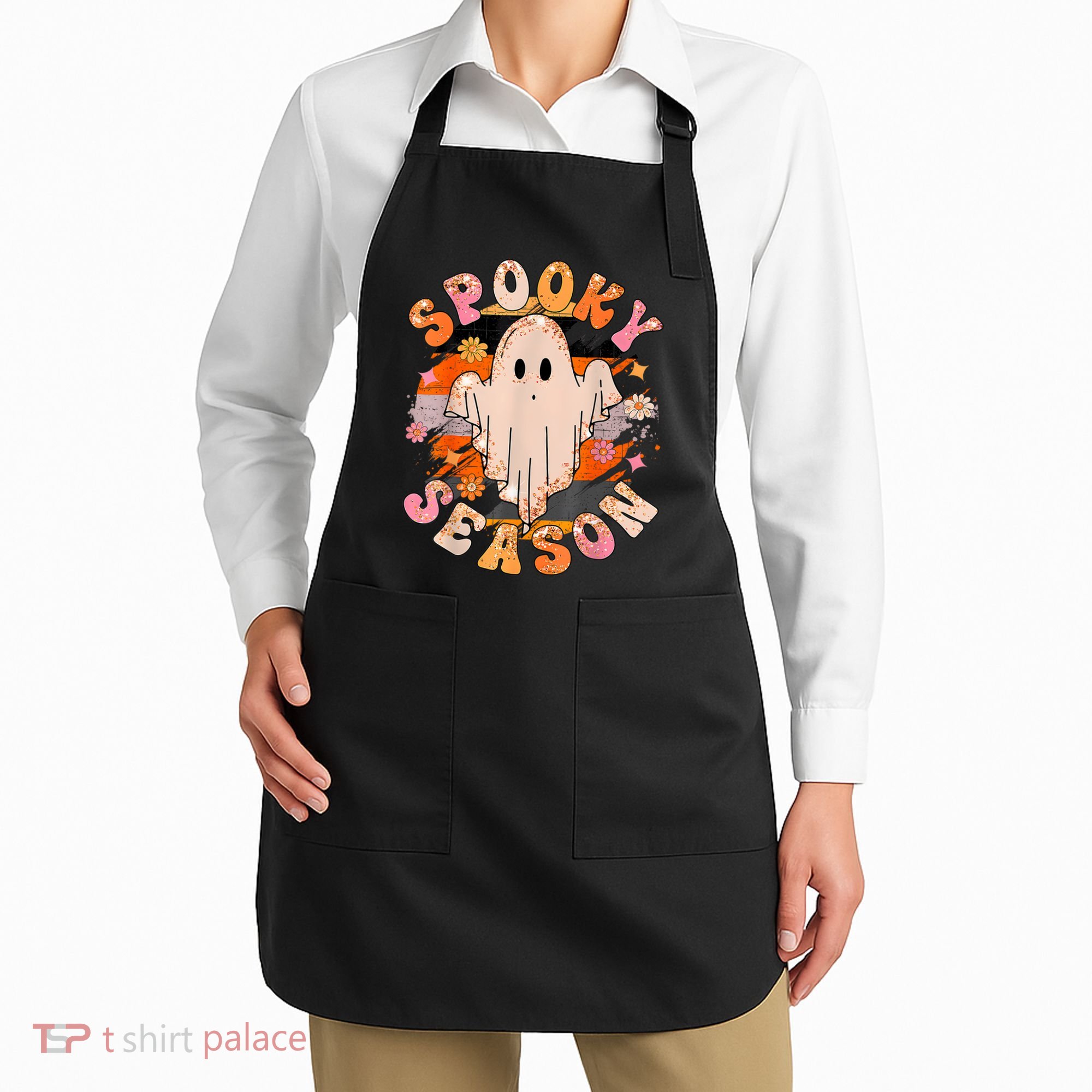 Groovy Retro Spooky Season Retro Ghost Halloween Apron