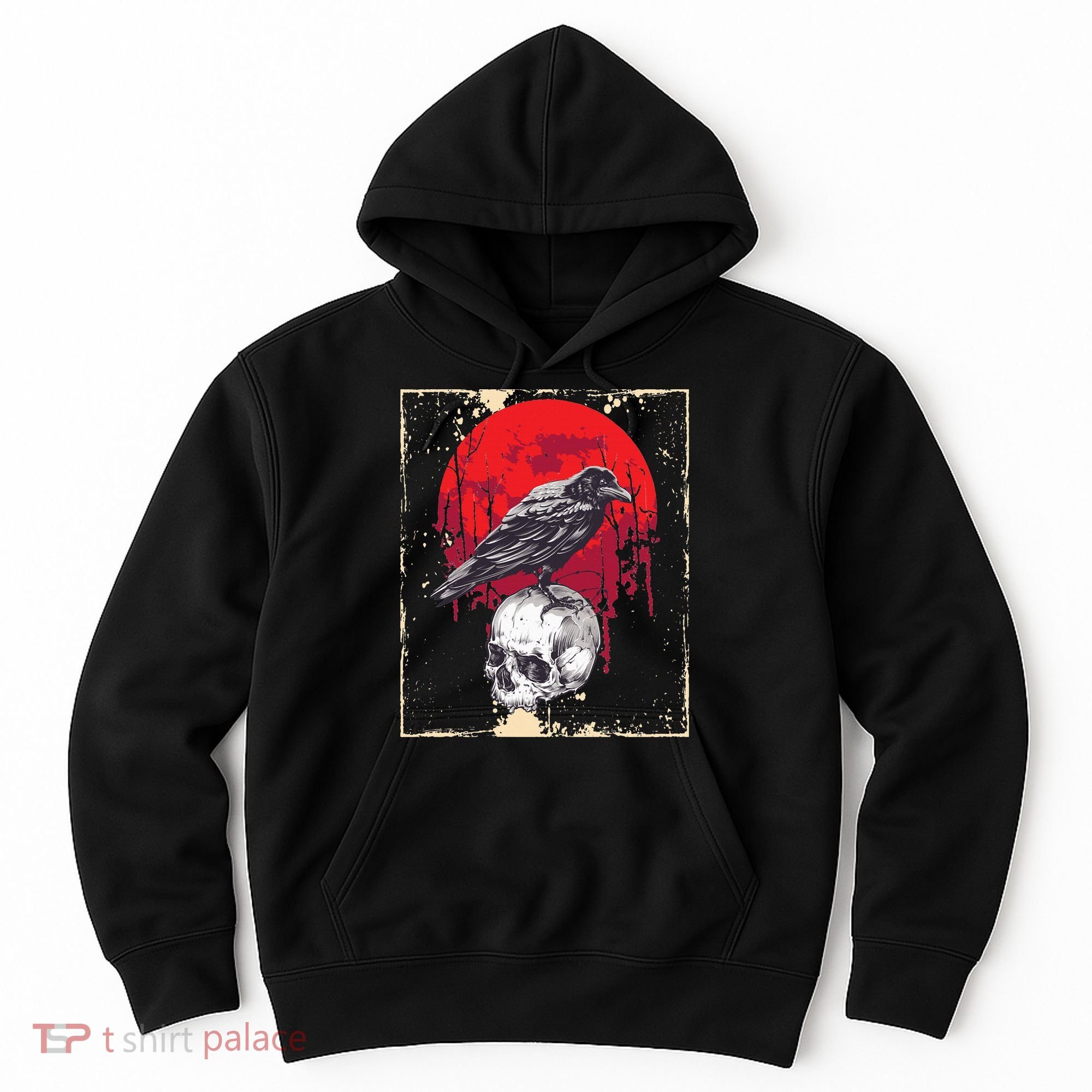 Gothic Raven Skull Red Moon Black Crow Hoodie