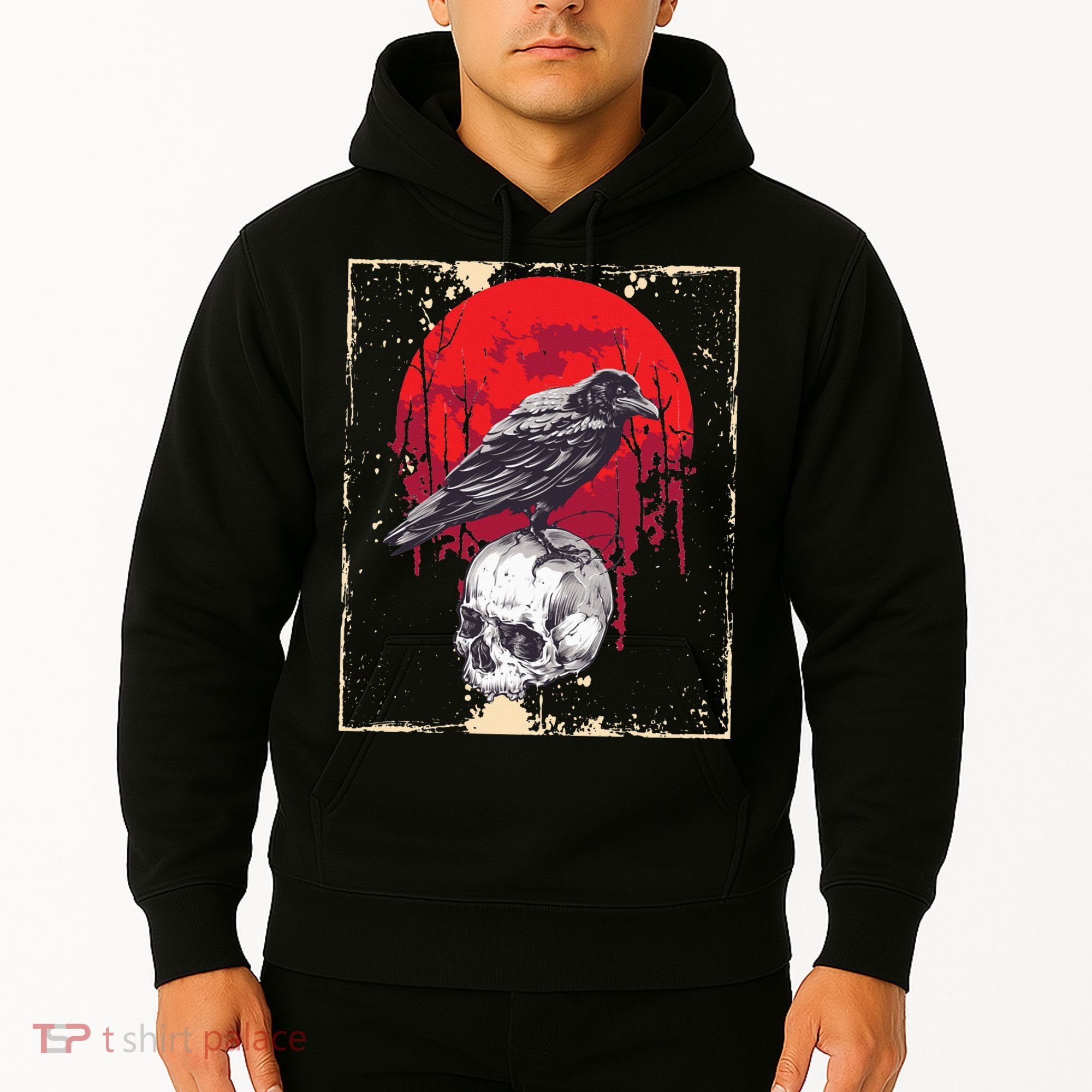 Gothic Raven Skull Red Moon Black Crow Hoodie