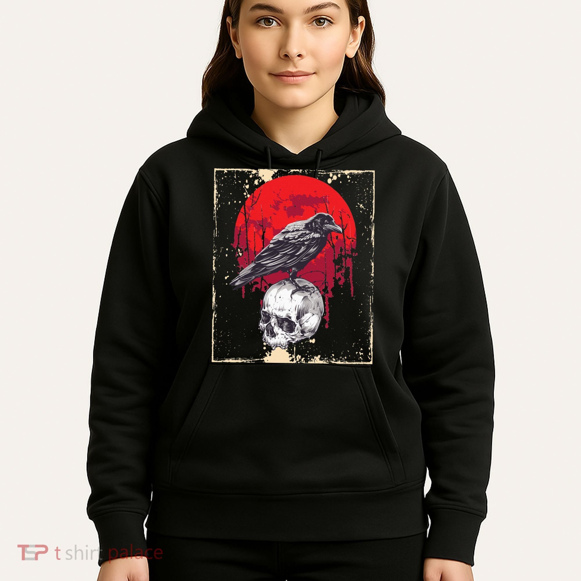 Gothic Raven Skull Red Moon Black Crow Hoodie