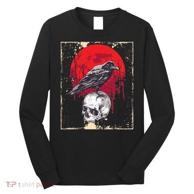 Gothic Raven Skull Red Moon Black Crow Long Sleeve Shirt