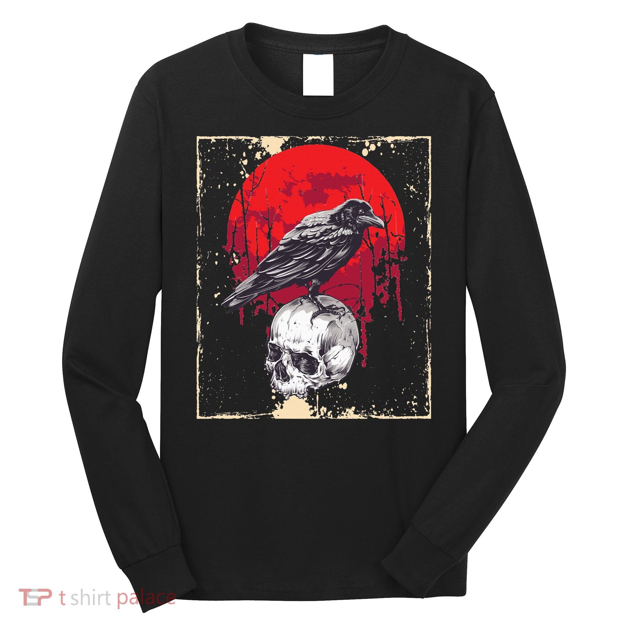 Gothic Raven Skull Red Moon Black Crow Long Sleeve Shirt
