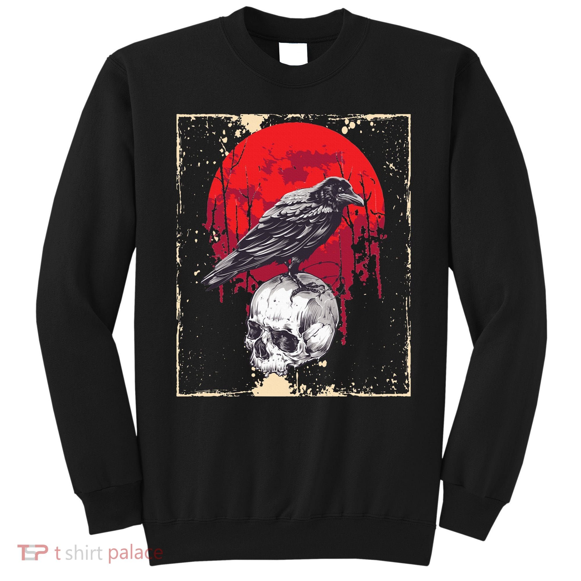 Gothic Raven Skull Red Moon Black Crow Sweatshirt
