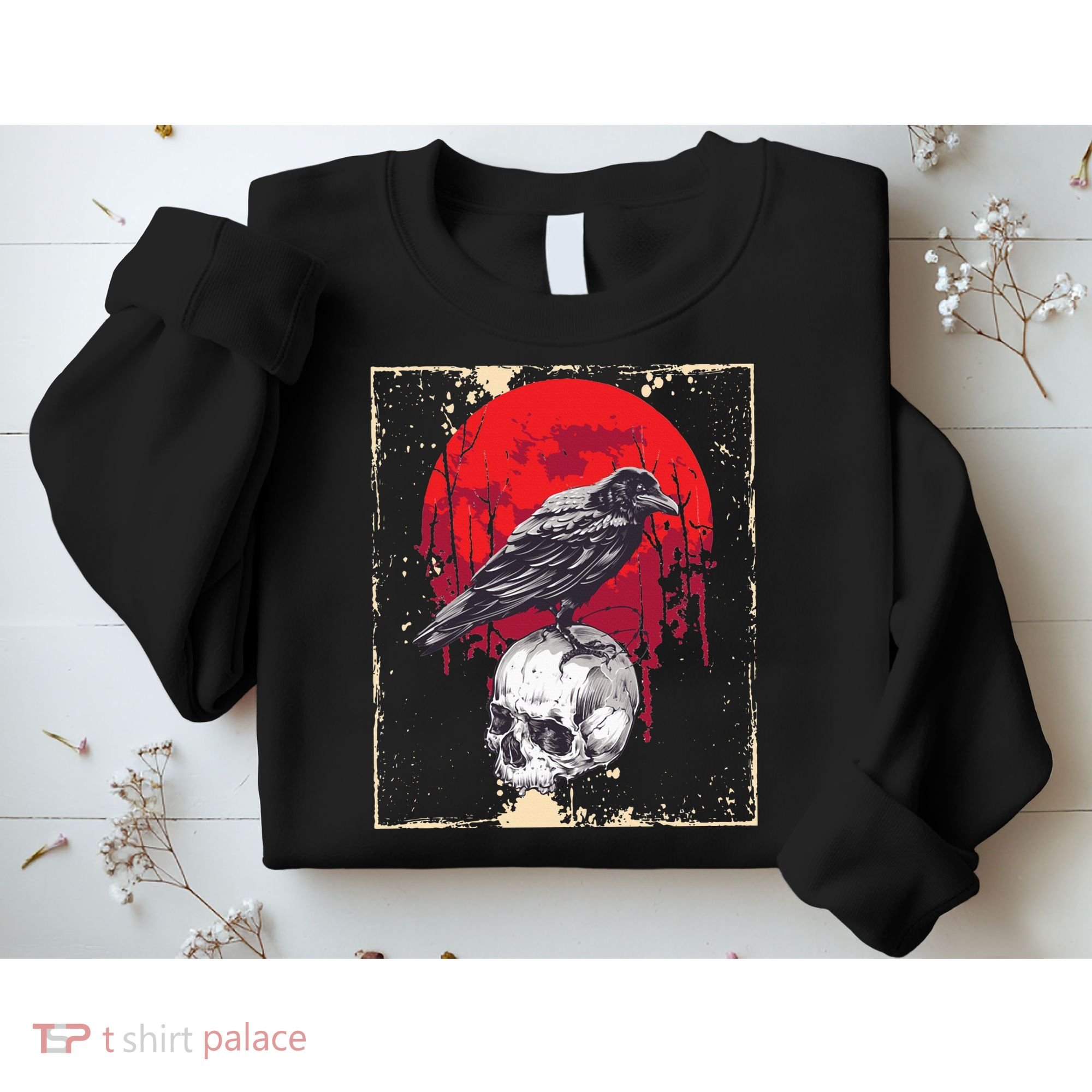 Gothic Raven Skull Red Moon Black Crow Sweatshirt