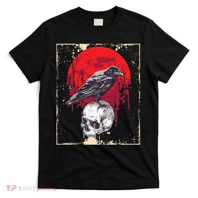 Gothic Raven Skull Red Moon Black Crow T-Shirt