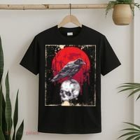 Gothic Raven Skull Red Moon Black Crow T-Shirt thumb 2