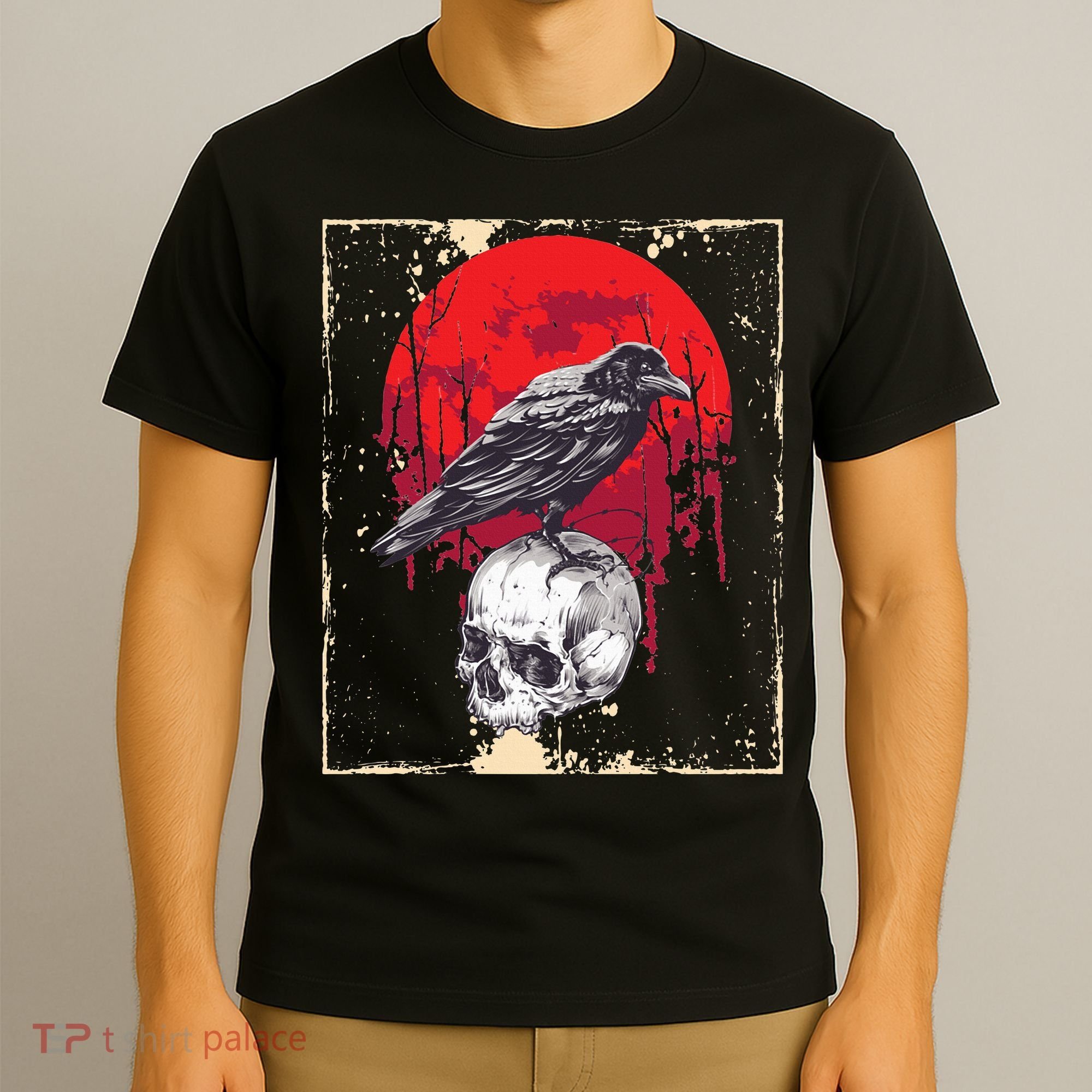 Gothic Raven Skull Red Moon Black Crow T-Shirt