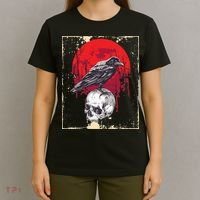 Gothic Raven Skull Red Moon Black Crow T-Shirt thumb 4