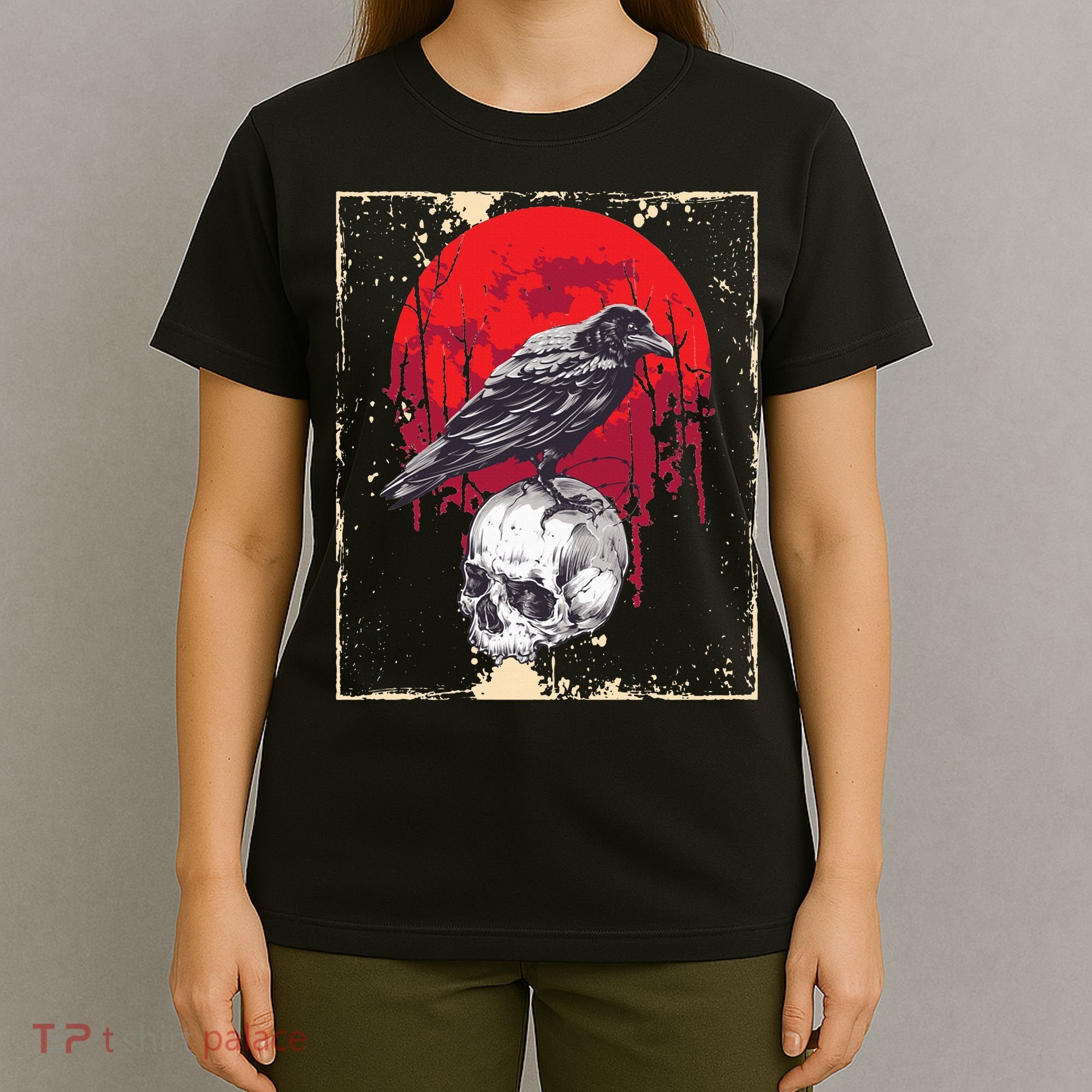 Gothic Raven Skull Red Moon Black Crow T-Shirt