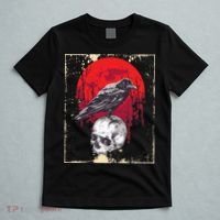 Gothic Raven Skull Red Moon Black Crow T-Shirt thumb 5