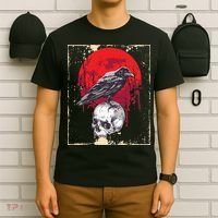 Gothic Raven Skull Red Moon Black Crow T-Shirt thumb 6