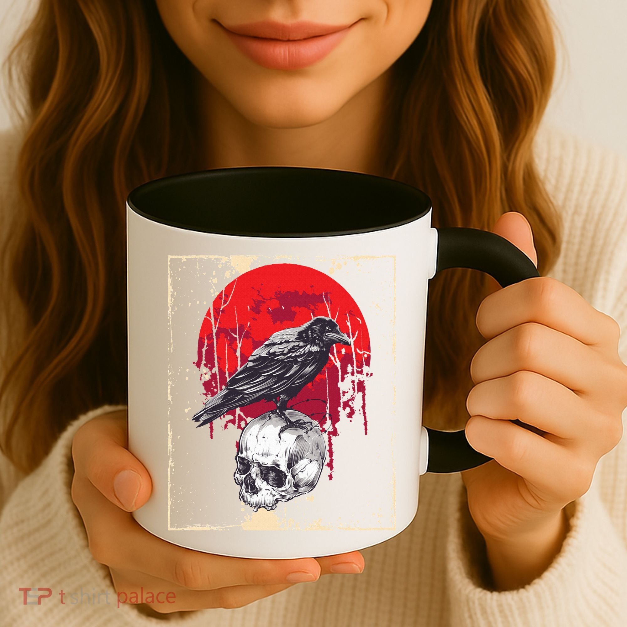 Gothic Raven Skull Red Moon Black Crow Coffee Mug