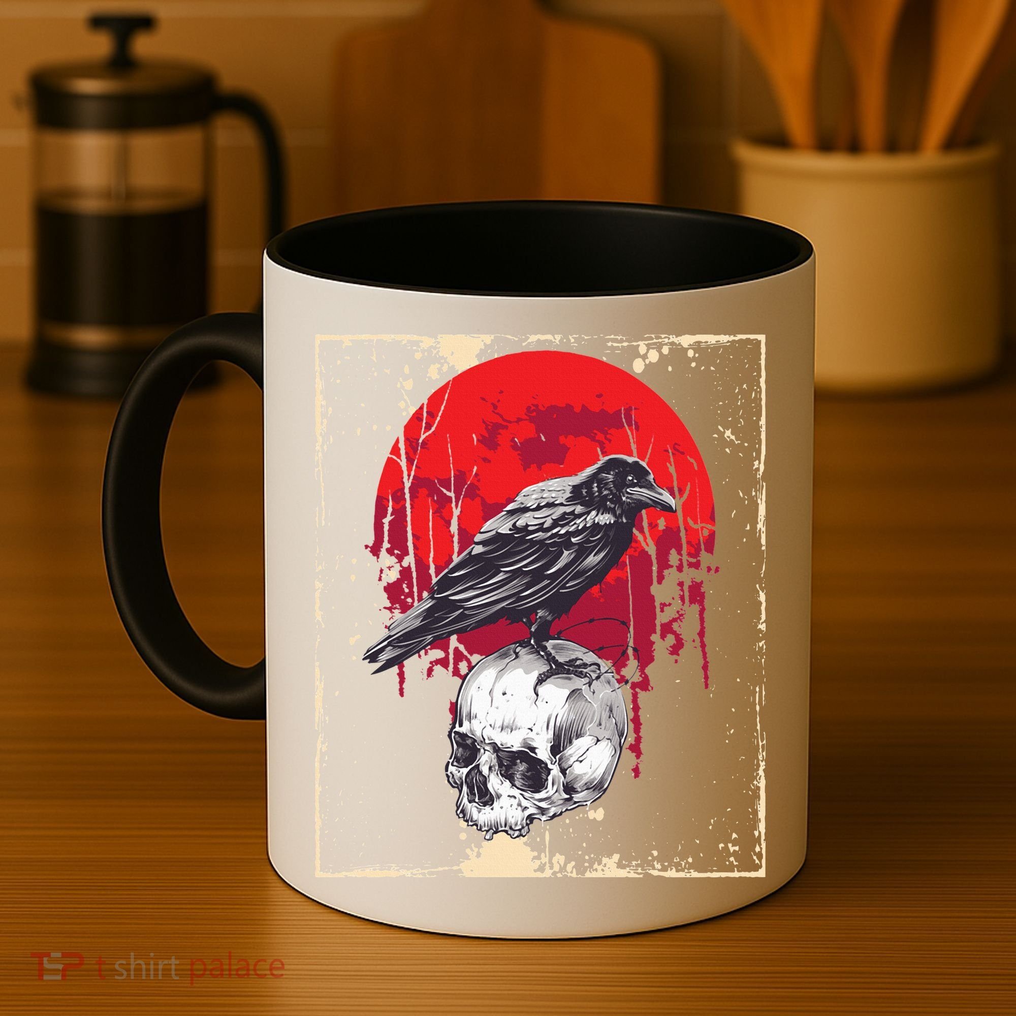 Gothic Raven Skull Red Moon Black Crow Coffee Mug