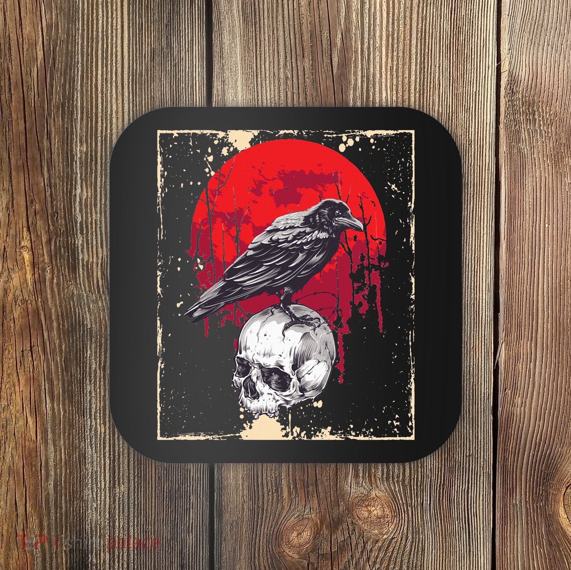 Gothic Raven Skull Red Moon Black Crow Coaster