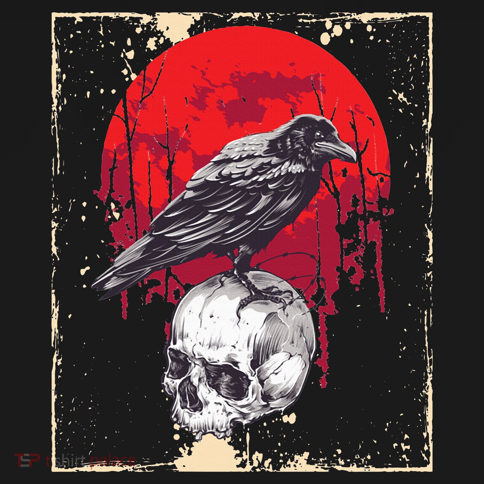 Gothic Raven Skull Red Moon Black Crow Polo