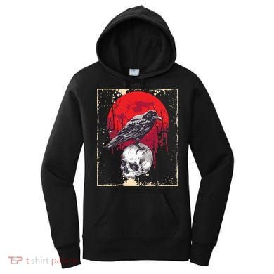 Gothic Raven Skull Red Moon Black Crow Women's Hoodie