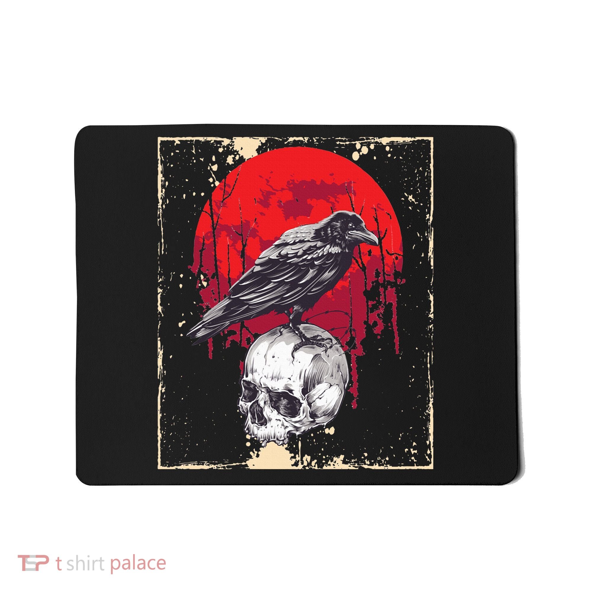 Gothic Raven Skull Red Moon Black Crow Mousepad