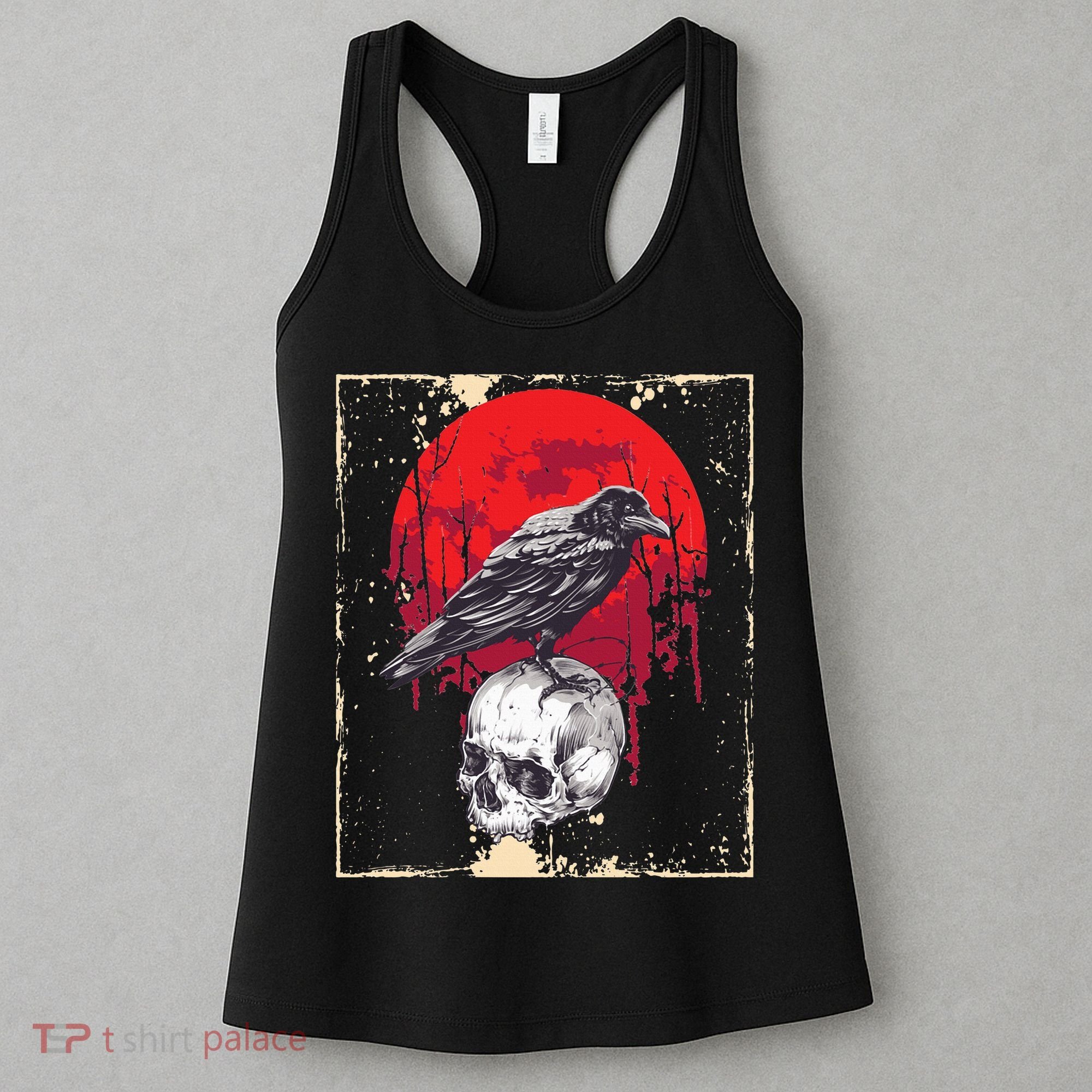 Gothic Raven Skull Red Moon Black Crow Women's Tank Top