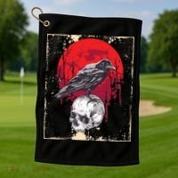 Gothic Raven Skull Red Moon Black Crow Golf Towel thumb 1