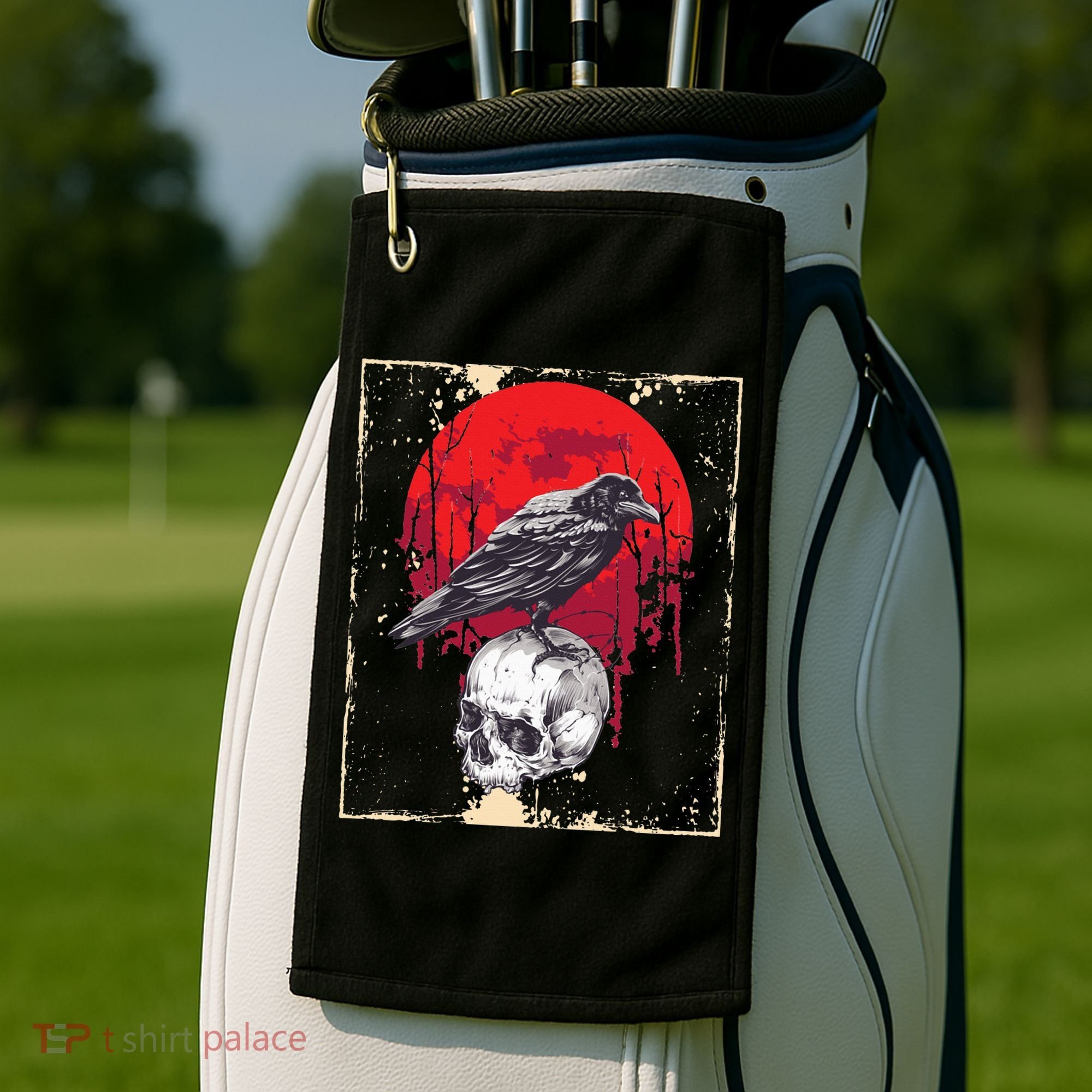 Gothic Raven Skull Red Moon Black Crow Golf Towel