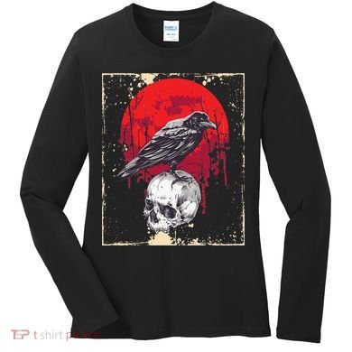 Gothic Raven Skull Red Moon Black Crow Women's Long Sleeve Shirt