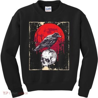 Gothic Raven Skull Red Moon Black Crow Kids Sweatshirt