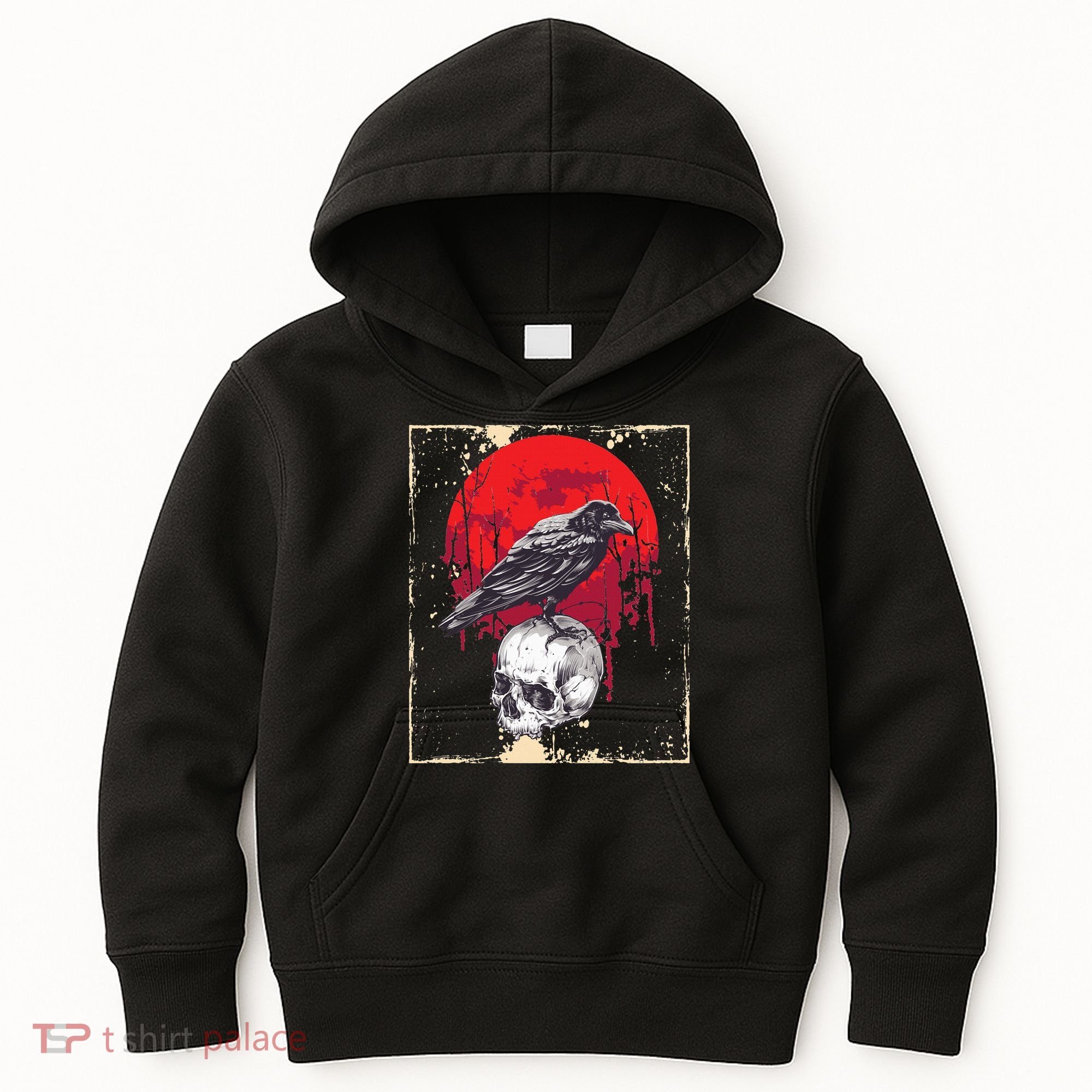 Gothic Raven Skull Red Moon Black Crow Kids Hoodie