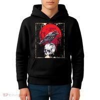 Gothic Raven Skull Red Moon Black Crow Kids Hoodie thumb 4