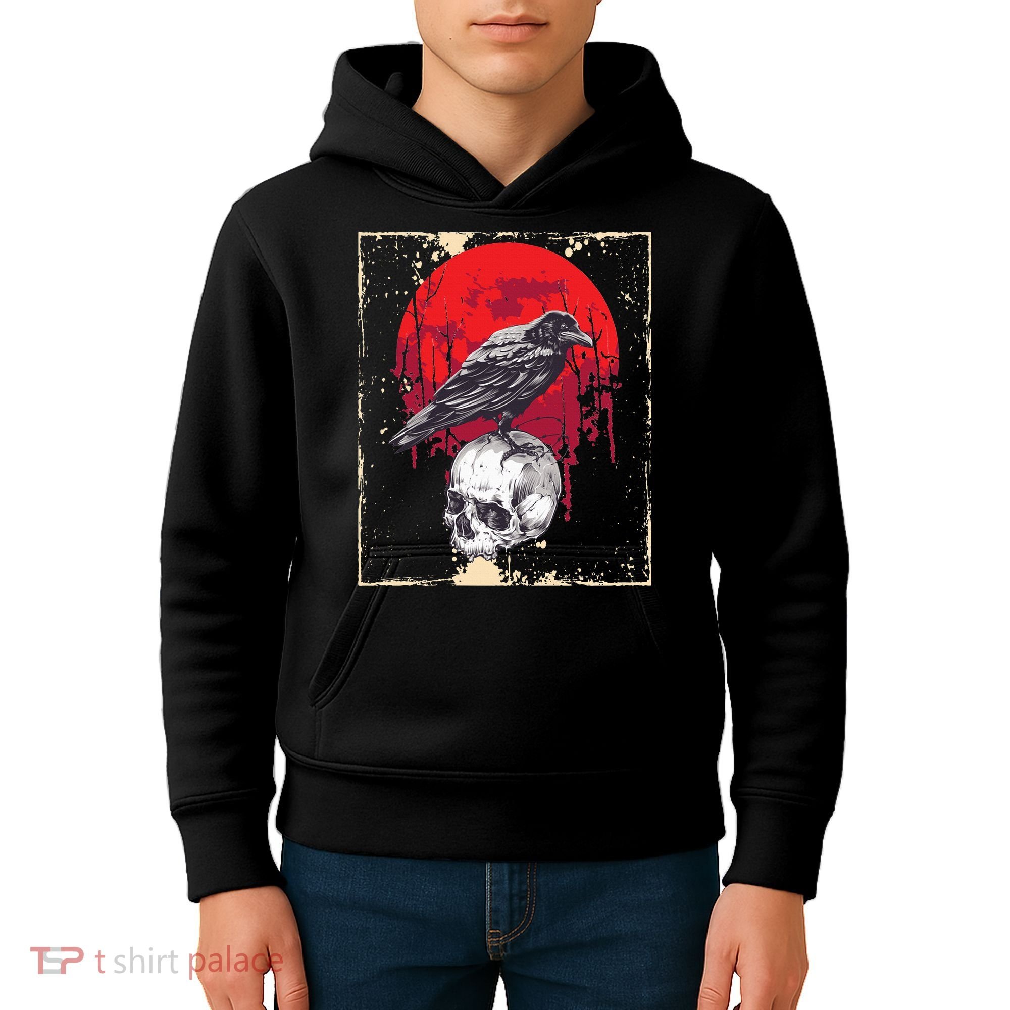 Gothic Raven Skull Red Moon Black Crow Kids Hoodie