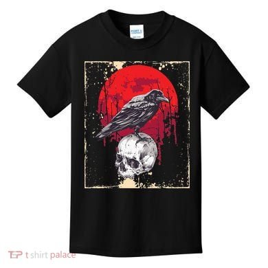Gothic Raven Skull Red Moon Black Crow Kids T-Shirt