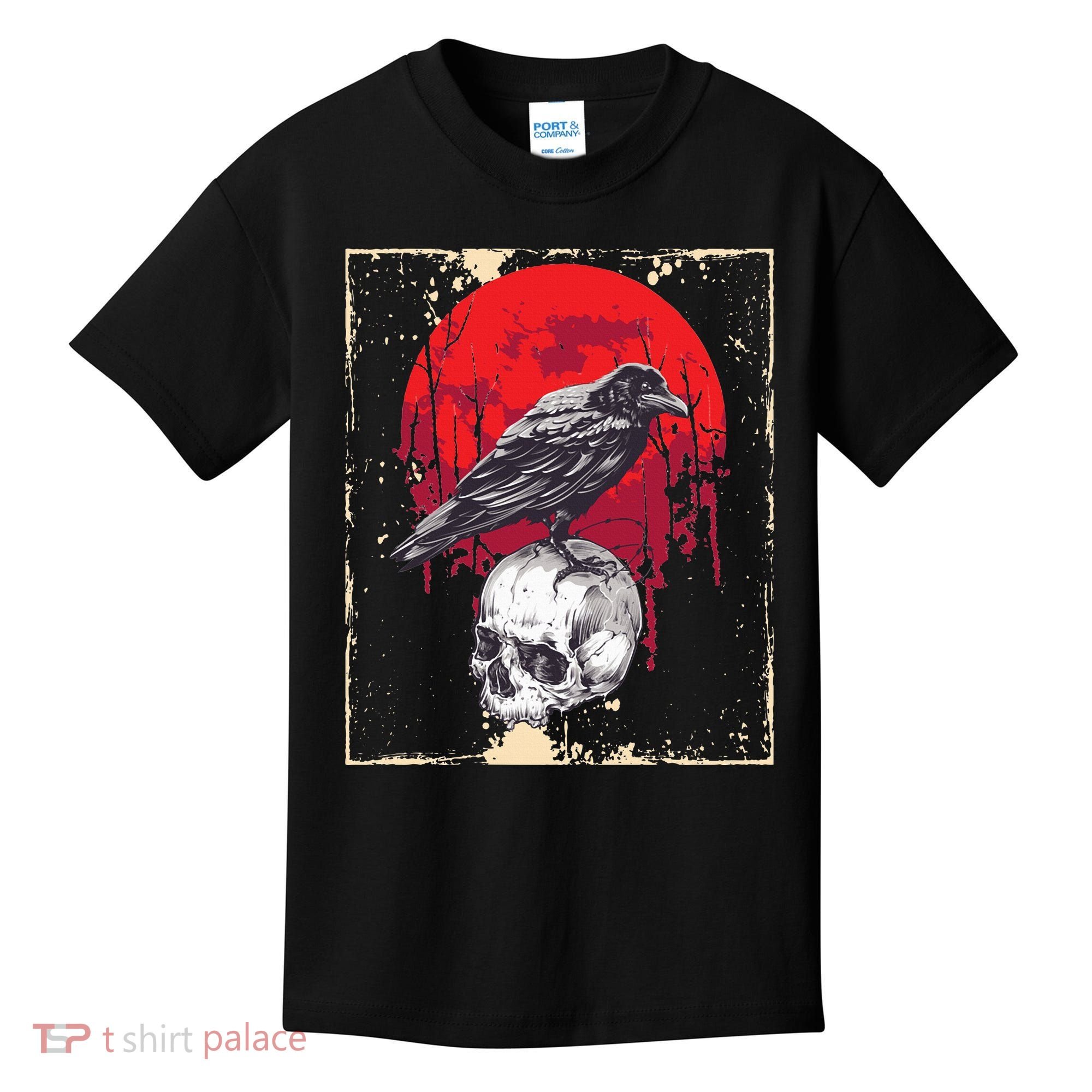Gothic Raven Skull Red Moon Black Crow Kids T-Shirt