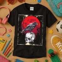 Gothic Raven Skull Red Moon Black Crow Kids T-Shirt thumb 3